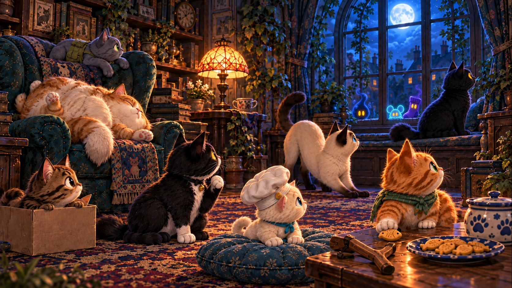 Purrfect Dark development artwork: feline defenders watch ghostly visitors in a moonlit room