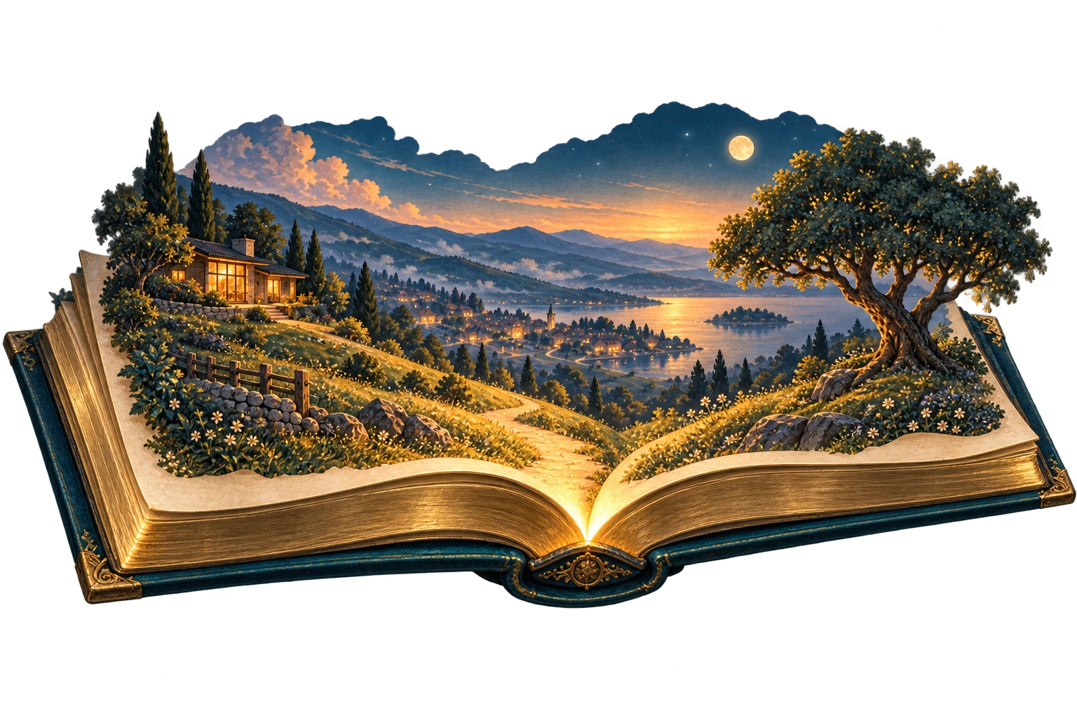 Tua Fabula storybook artwork: a landscape of branching paths rises from an open illustrated book